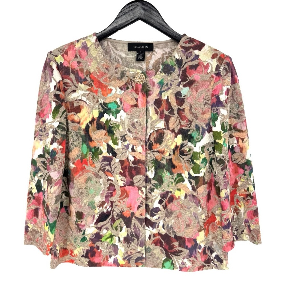 St John Embellished Metallic Floral Knit Cardigan 8 Event Dressy - Picture 2 of 11